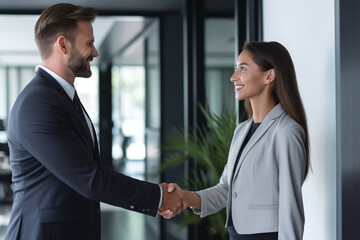 Man and women standing in office shaking hands after interview,  business meeting, successful deal, signing a contract. 