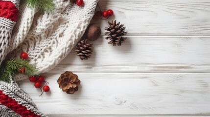 Pinecone, pine needles, red berries, white and red knitted scarf on wooden white wooden background. Christmas and winter atmosphere background.