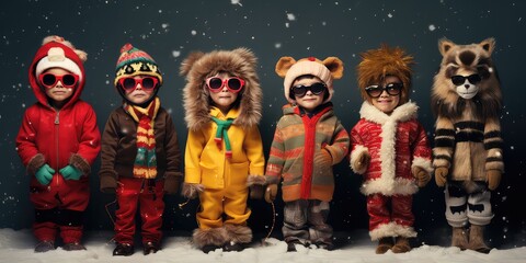 Funny Kids in Christmas costumes with AI Generated. - obrazy, fototapety, plakaty
