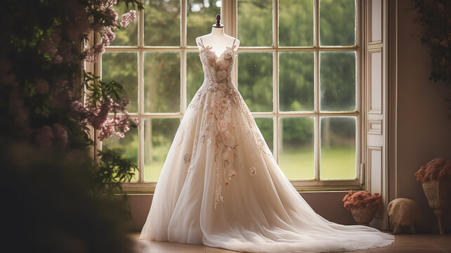 Wedding drees, bridal gown style and bespoke fashion, full-legth white tailored ball gown in showroom, tailor fitting, beauty and wedding