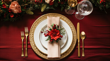 Fototapeta premium Holiday table decor, Christmas holidays celebration, tablescape and dinner table setting, English country decoration and home styling