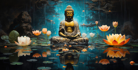 the painting of buddha golden statue decorated with lotus blossoms - obrazy, fototapety, plakaty