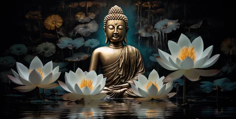 Foto op Plexiglas the painting of buddha golden statue decorated with lotus blossoms © Kien