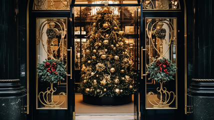 Christmas decoration details on English styled luxury high street city store door or shopping...