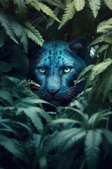 	
Photorealistic portrait of the the jaguar hiding in the jungle foliage. Generative art