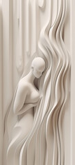 Female mannequin and abstract flowing geometry, glamour scene in beige tones