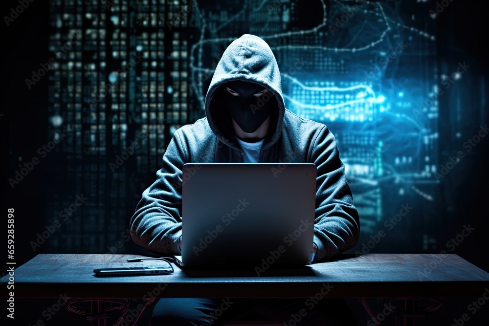 Poster anonymous hacker with a mask stealing important information with his laptop