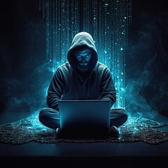 Hacker in a dark and misty environment stealing money online from innocent people