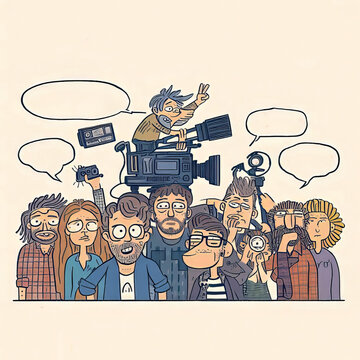 A crowd of people with a camera and speech bubbles. Generated by AI