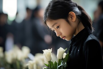 Portrait of a little asian girl with in the cemetery,Funeral Concept