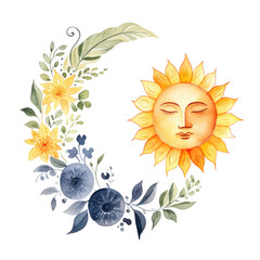 Fototapeta premium watercolor boho sun and moon autumn clipart