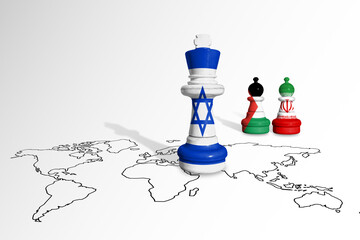Chess made from Israel, Iran and Gaza flags on a world map. Gaza and Israel conflict