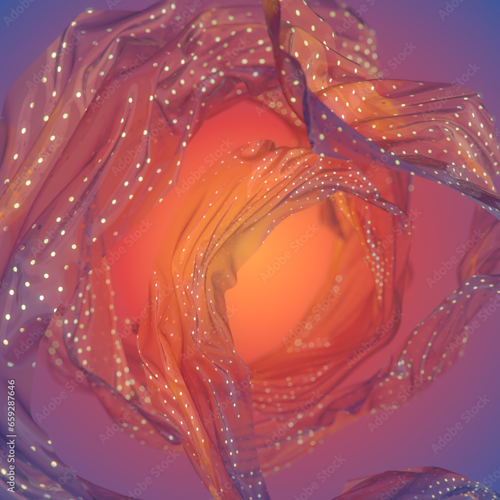 Poster pattern of flowing rings of translucent fabric covered in a gold polka dot pattern. 3d rendering dig