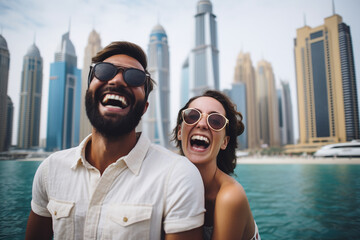 Beautiful couple in sunglasses laughs happily and walks through the streets of Dubai