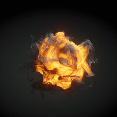Large bright yellow fireball with swirling smoke and flames around it. 3d rendering digital illustration