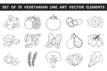 Set of 15 line art vector elements. Vector illustrations with vegetarian theme.