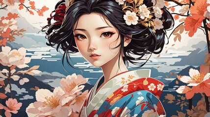 A stunning geisha in traditional Japanese kimono. Vector art. Traditional Japanese style. Generative AI. - obrazy, fototapety, plakaty