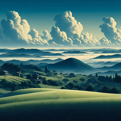 Fototapeta premium Mountain landscape with colored meadow at sunset. Generated by AI