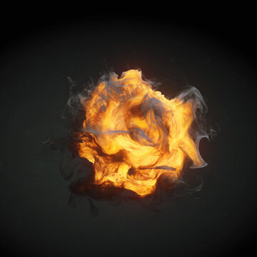 Large bright yellow fireball with swirling smoke and flames around it. 3d rendering digital illustration