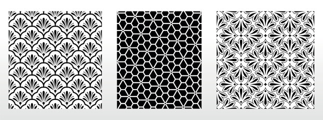 Geometric floral set of seamless patterns. White and black vector backgrounds. Damask graphic ornaments.