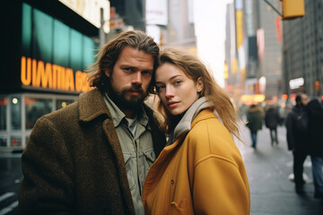 Young beautiful romantic couple hugging  smile and walk on the streets of New York , look at the camera