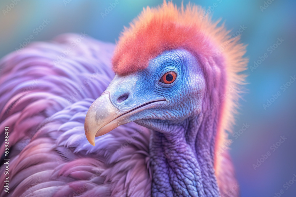 Wall mural a pastel-colored dodo bird with a majestic mane, rendered in soft hues of pink, purple, and blue, ex