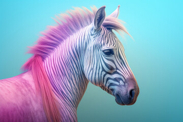 Fototapeta na wymiar A pastel-colored Quagga with a majestic mane, rendered in soft hues of pink, purple, and blue, exuding a serene and regal presence. 