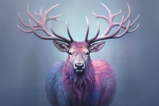 A pastel-colored Irish Elk with a majestic mane, rendered in soft hues of pink, purple, and blue, exuding a serene and regal presence. 