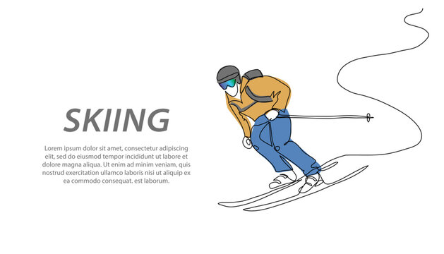 Skier skiing downhill vector background, banner, poster. One continuous line art drawing of downhill skiing, winter sport