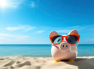 Piggy bank with sunglasses on the beach. Savings