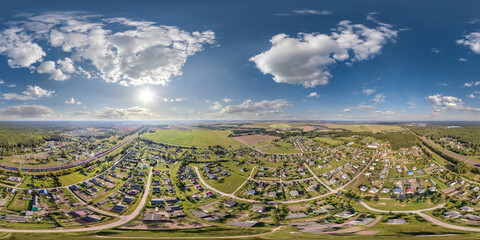 aerial hdri 360 panorama view over provincial town from great height in equirectangular seamless spherical  projection. may use like sky replacement for drone 360 panorama - obrazy, fototapety, plakaty