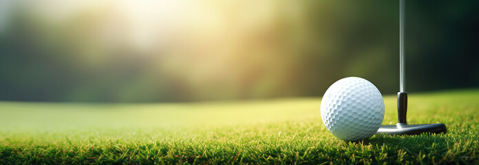 Golf ball on grass in fairway green background. Banner for advertising with copy space. Sport and athletic concept. 3D illustration rendering