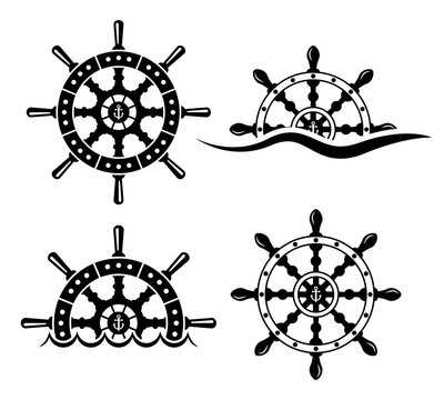 Rudder wheels set of vector objects or design elements in black style isolated on white