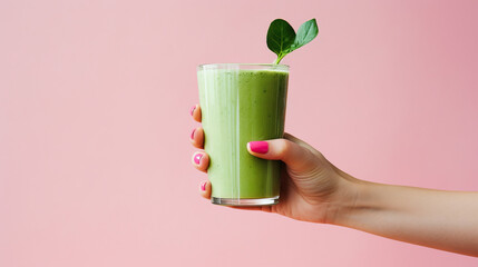Green smoothie in a glass in hand on a pink background