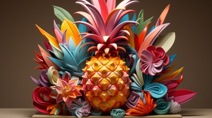 This vibrant still-life captures the beauty of nature, combining a bold pineapple with delicate flowers to create an artistic indoor garden