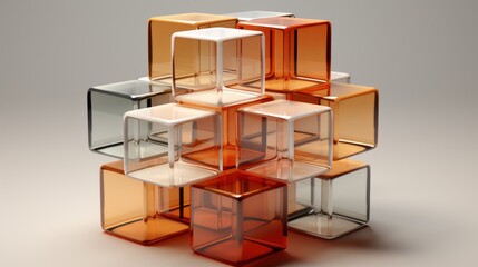 A vibrant arrangement of clear and orange cubes creates a bold and unique statement piece that adds an eye-catching design element to any indoor space, from walls to floors to furniture
