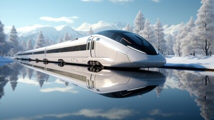 Fototapeta premium On a crisp winter day, sun glints off the snow-covered landscape, reflecting shining train below as it traverses through majestic mountains and serene lake, transporting passengers to distant skies