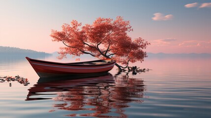 A wild sunset on the lake reflects off the peaceful boat, creating a dreamy outdoor landscape of nature and vehicle against a sky full of trees and clouds
