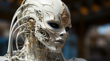A masque of intricate gold and silver designs adorns a robot, creating a unique look that is perfect for both outdoor adventures and stylish clothing