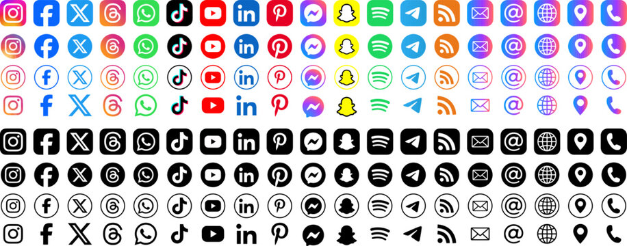 Social media icons. Instagram, Facebook, X app, Threads, WhatsApp, TikTok, YouTube, LinkedIn logo set. Vector editorial illustration
