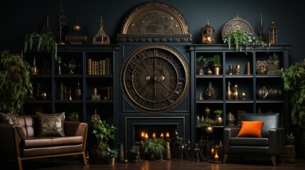 In the cozy room, a vase of vibrant houseplants adds life and color to the furniture, while the ticking of the clock serves as a gentle reminder of the passing of time