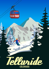 Travel poster Ski Telluride resort vintage. America winter landscape travel card © hadeev