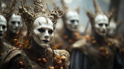 A crowd of masked individuals stands together outdoors, clad in an eclectic array of fashion styles that evoke feelings of curiosity and mystery