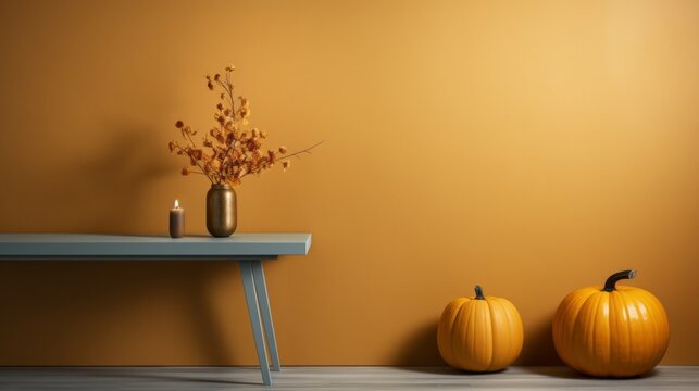 On a wooden table, a festive arrangement of pumpkins, squash, and gourds nestles beside a glowing candle, the warm light of the flame reflecting off the vibrant vase of flowers