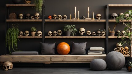 A vibrant shelf filled with various skulls, candles, houseplants, and flowerpots creates an eclectic yet cozy atmosphere, bringing a touch of the outdoors into any indoor space