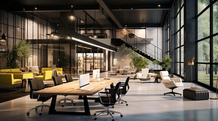 Interior of modern open space office with black walls, concrete floor, rows of computer tables and glass doors - obrazy, fototapety, plakaty