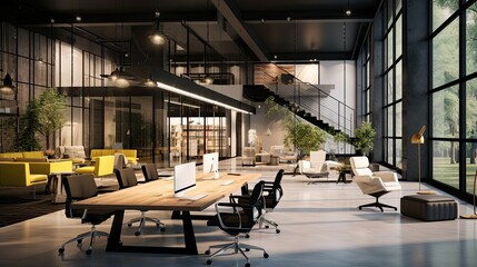 Interior of modern open space office with black walls, concrete floor, rows of computer tables and glass doors