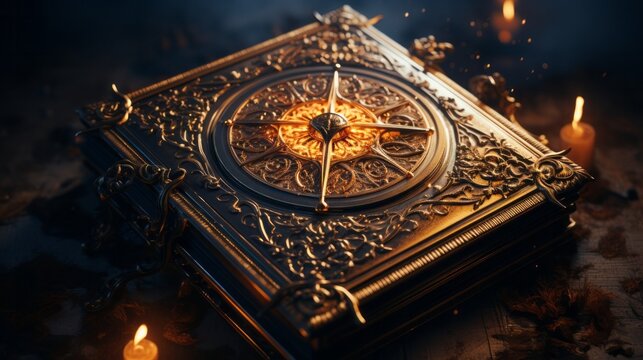 The ticking of a brass clock guides the way through a forgotten world of golden mystery, where a book with a compass on top holds the secrets to unlocking adventure - Powered by Adobe