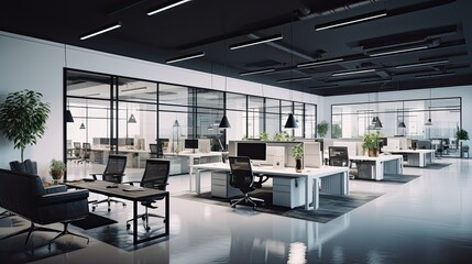 Interior of modern open space office with black walls, concrete floor, rows of computer tables and glass doors