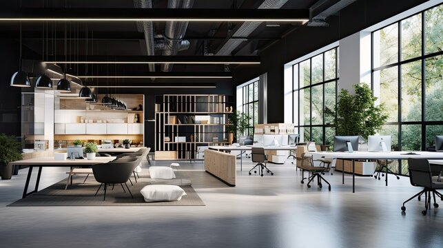 Interior of modern open space office with black walls, concrete floor, rows of computer tables and glass doors